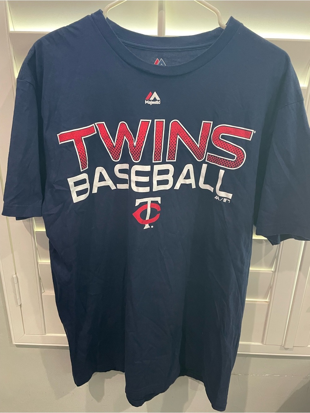 Majestic Navy Twins Baseball Short Sleeve Tee with Red & White Lettering